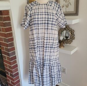 Blue and White Checkered Midi Dress By Routine Size Medium